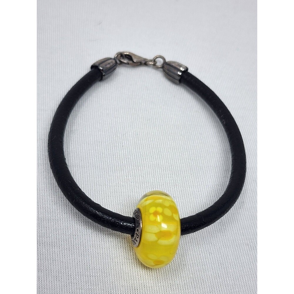 Pandora 925 ALE Sterling Yellow Murano Glass Bead & Leather Bracelet 7" Retired